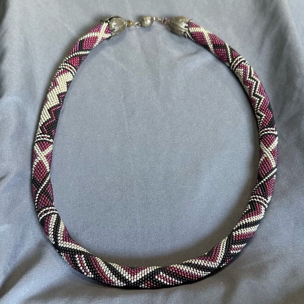 Beaded Crochet Necklace 27” Long Glass Bead Fuchsia Silver Black Magnetic Clasp